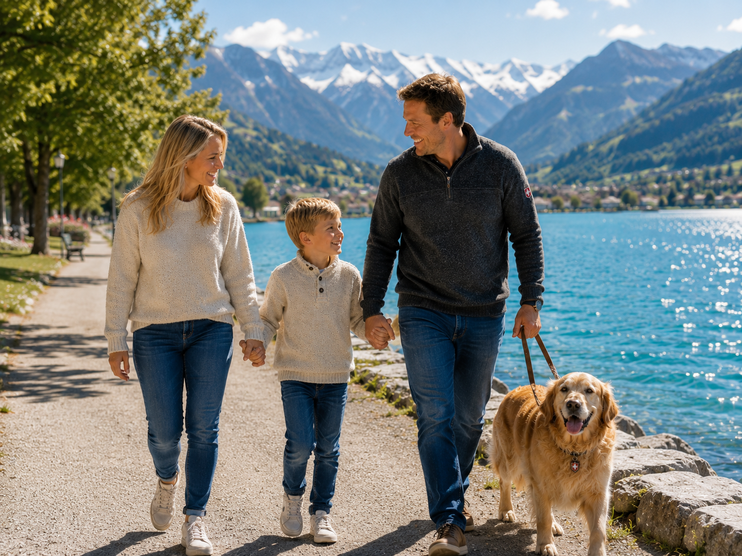 Famille se promenant au bord du lac avec son chien